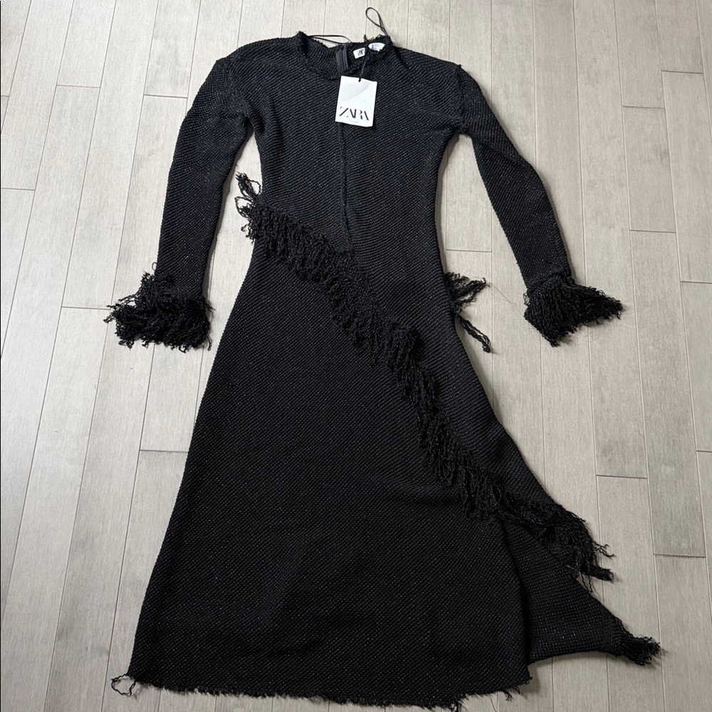 ZARA STUDIO  Women's  Dress Long Sleeves Frayed Edges Knit Dress in Black